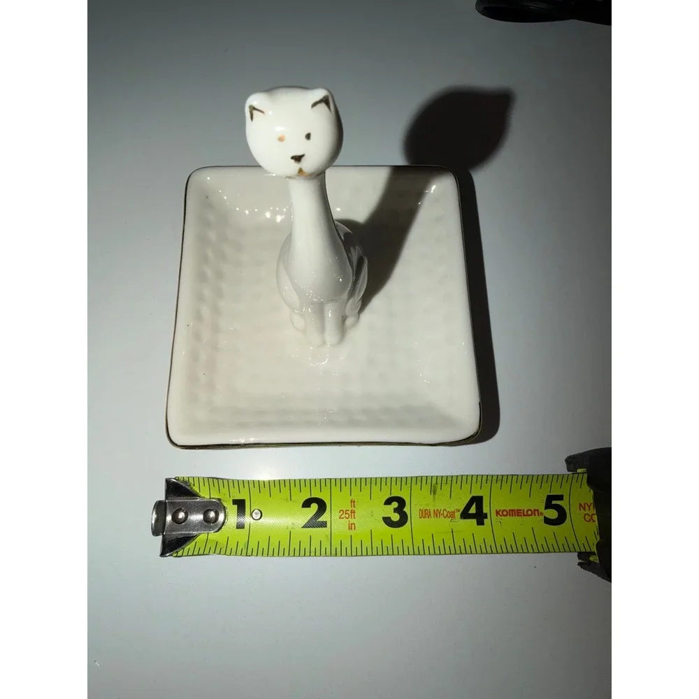 White Ceramic Cat Ring Holder Dish Trinket Tray Jewelry Organizer